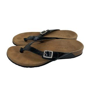 Vionic Womens Sz 8 Patent Leather Rhinestone Buckle Thong Flip Flop Black Sandal